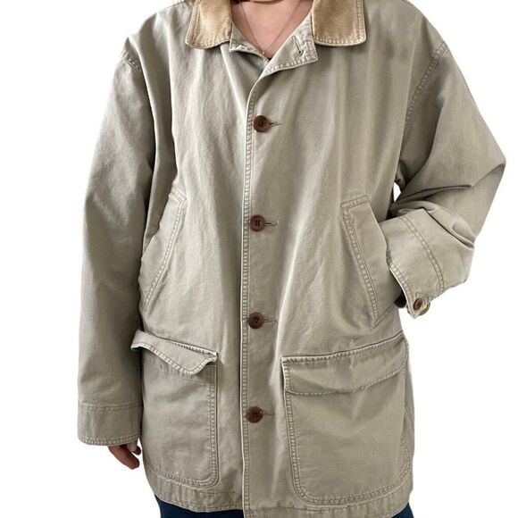 Mens LL Bean Tan Camel Cotton Hunting Fish Pattern Lined Chore Jacket Sz XL - Picture 4 of 7